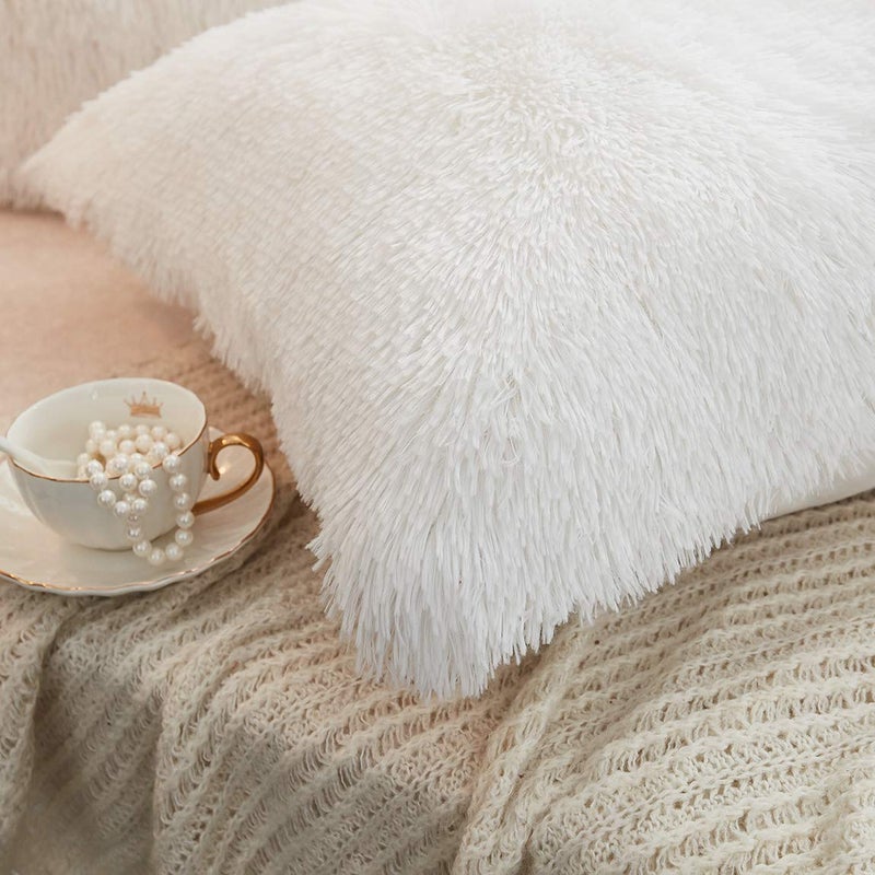 JAUXIO Long Faux Fur Soft Soild Decorative Pillowcase Oblong Fluffy Throw Pillow Cover Velvet Shaggy Plush Cushion Case Set of 2 Zipper Closure Queen Size (20X26 Inches, White) - Image 4